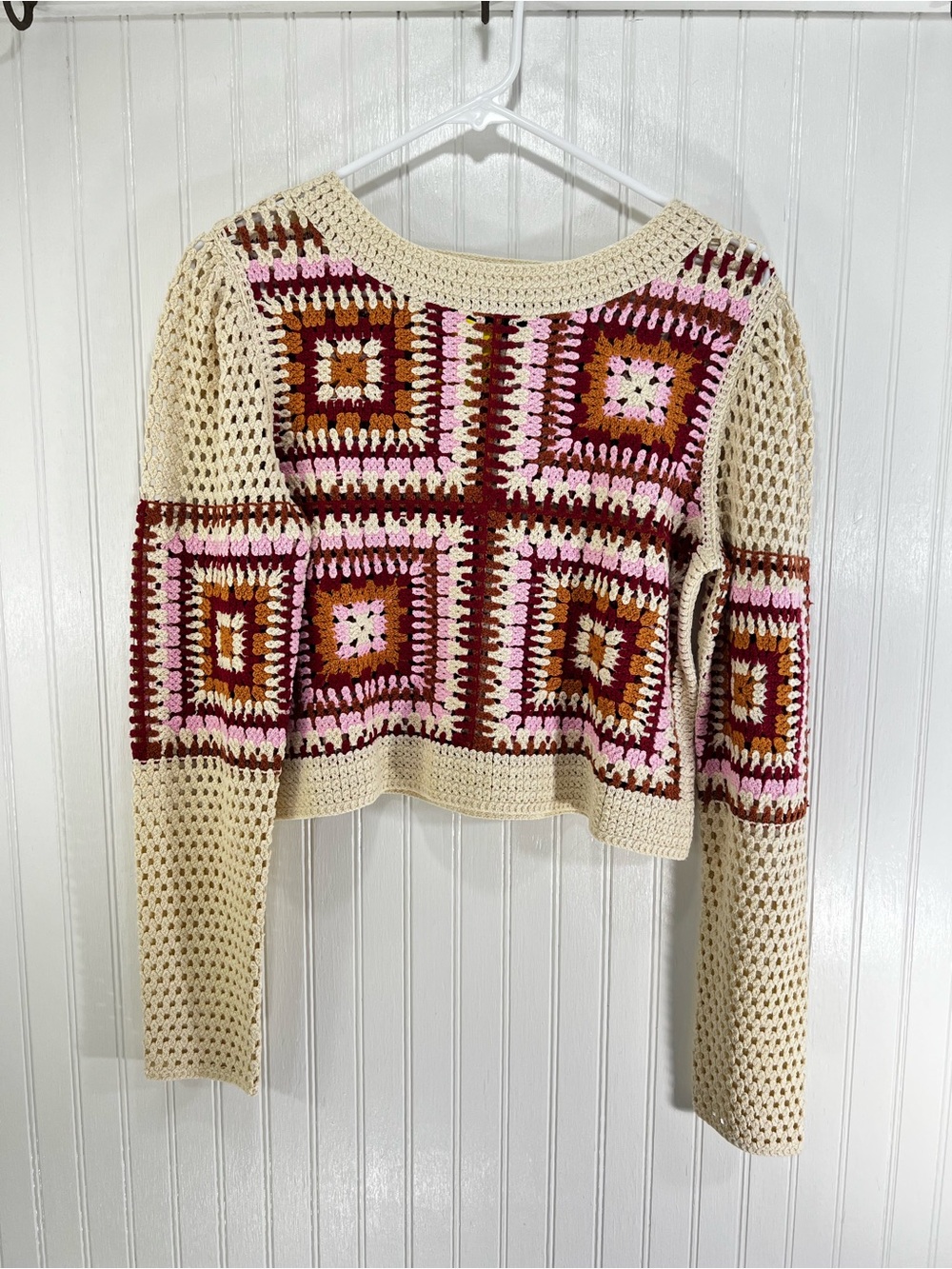 Truth by Republic Granny Square Crochet Sweater Size Med Boho 70s Retro Knit Top